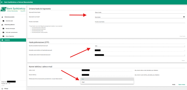 Sekcja ustawień konta z czerwonymi strzałkami wskazującymi formularz zmiany hasła oraz opcje wyboru powiadomień (SMS/E-mail).