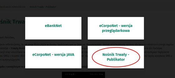 Ekran wyboru systemu z zaznaczonym kafelkiem „Nośnik Trwały – Publikator”.