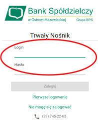 Formularz logowania do portalu Trwały Nośnik z zaznaczonymi polami na login i hasło.