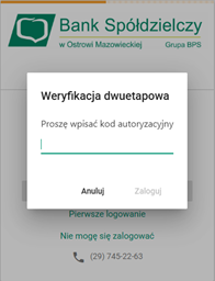 Okno dialogowe „Weryfikacja dwuetapowa” z polem tekstowym do wpisania kodu autoryzacyjnego oraz przyciskami „Anuluj” i „Zaloguj”.
