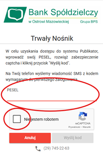 Ekran pierwszego logowania z zaznaczonym polem na numer PESEL oraz polem wyboru reCAPTCHA „Nie jestem robotem”.