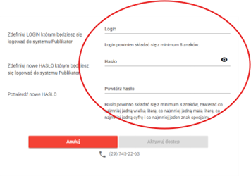 Formularz definiowania nowych danych dostępowych: pola na własny login, hasło oraz powtórzenie hasła.