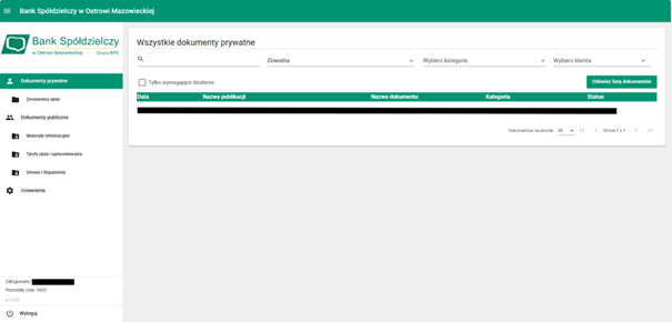 Widok panelu użytkownika po zalogowaniu, wyświetlający listę dokumentów prywatnych.