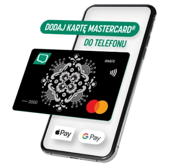 Czarna karta Mastercard z ludowym wzorem unosi się nad smartfonem. Powyżej napis: "Dodaj kartę Mastercard do telefonu". Na dole ikony Apple Pay i Google Pay.