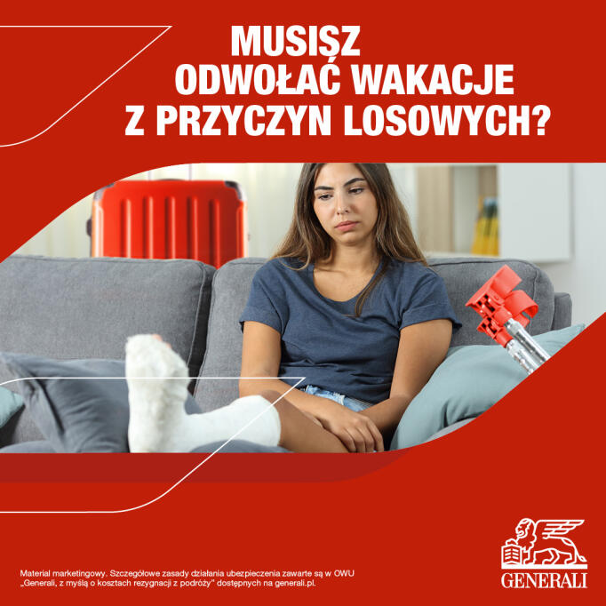 Reklama ubezpieczenia turystycznego. Na obrazie widoczne są elementy kojarzące się z wakacjami: po lewej stronie duża torba plażowa w biało-niebieskie paski, sandały, okulary przeciwsłoneczne, obok torby leży kapelusz słomkowy. W tle jest plaża z drobnym, białym piaskiem i turkusowe morze. Obok przedmiotów, po prawej stronie, widać napis "Generali Travel". Poniżej znajduje się tekst "Ubezpiecz się na lato" oraz "Z Grupy BPS i Banków Spółdzielczych". W prawym dolnym rogu umieszczono przycisk "Sprawdź".