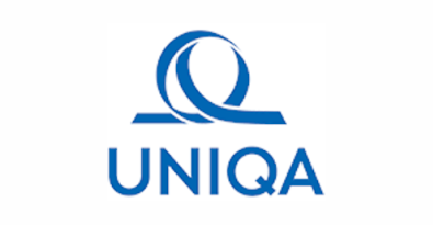 Niebieskie logo UNIQA, przedstawiające stylizowany kształt litery "Q" nad słowem "UNIQA" pisanym wielkimi literami.