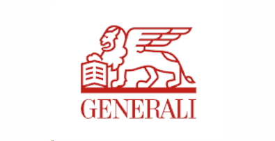 Czerwone logo Generali, przedstawiające uskrzydlonego lwa (Lwa Świętego Marka) stojącego na książce, z napisem "GENERALI" pisanym wielkimi literami pod obrazem.