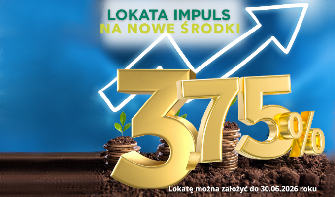 Reklama „Lokaty Impuls na nowe środki” z dużym, trójwymiarowym napisem „4%”. W tle znajduje się biała strzałka wykresu skierowana w górę na niebieskim, rozmytym tle. Na pierwszym planie widać trzy małe roślinki wyrastające z ziemi na stosach monet. Na dole widnieje napis: „Lokatę można założyć do 31.01.2026 roku”.