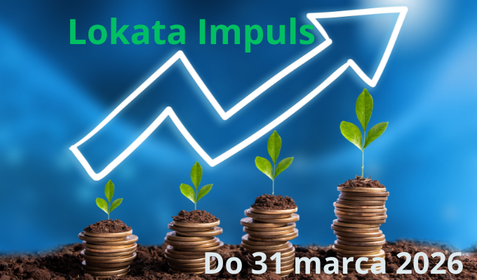 Reklama „Lokaty Impuls na nowe środki” z dużym, trójwymiarowym napisem „4%”. W tle znajduje się biała strzałka wykresu skierowana w górę na niebieskim, rozmytym tle. Na pierwszym planie widać trzy małe roślinki wyrastające z ziemi na stosach monet. Na dole widnieje napis: „Lokatę można założyć do 31.01.2026 roku”.