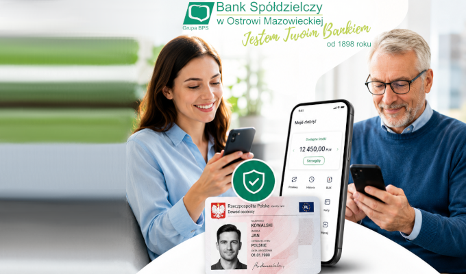 Uśmiechnięta kobieta z laptopem siedząca na czerwonym fotelu typu pufa. U góry logo: Bank Spółdzielczy w Ostrowi Mazowieckiej, Grupa BPS oraz hasło 'Jestem Twoim Bankiem'. Na środku tekst: Sprawdź swój dowód i uniknij ograniczeń w dostępie do konta i przelewów.